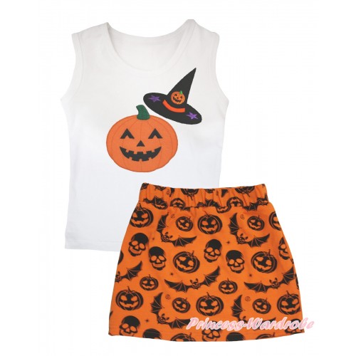 Halloween White Tank Top Pumpkin Witch Hat & Pumpkin Print & Orange Pumpkin Bat Skeleton Girls Skirt Set MG2604