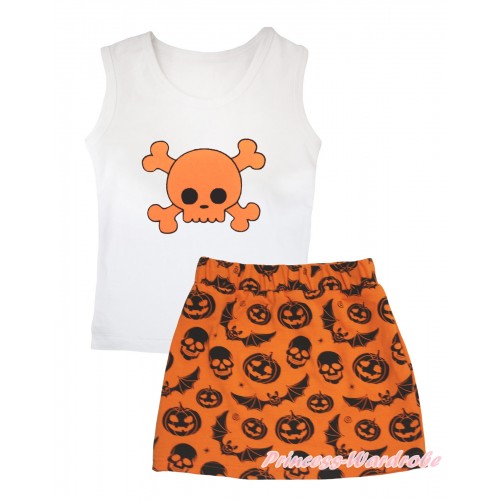 Halloween White Tank Top Orange Skeleton Print & Orange Pumpkin Bat Skeleton Girls Skirt Set MG2605