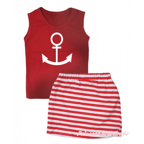 Red Tank Top White Anchor Painting & Red White Striped Girls Skirt Set MG2610