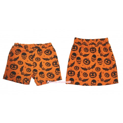 Halloween Orange Pumpkin Bat Skeleton Cotton Short Panties & Skirt 2 Piece Set PS050