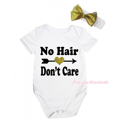White Baby Jumpsuit & No Hair Don't Care Painting & White Headband Gold Bow TH770