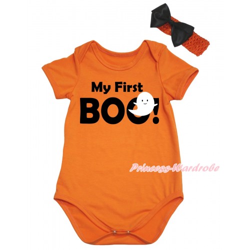 Halloween Orange Baby Jumpsuit & My First Boo! White Ghost Painting & Orange Headband Black Bow TH773