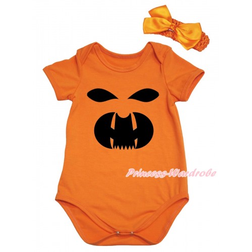 Halloween Orange Baby Jumpsuit & Black Ghost Face Painting & Orange Headband Bow TH774
