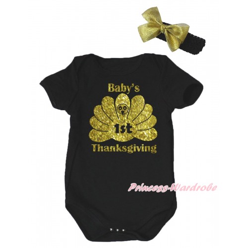 Thanksgiving Black Baby Jumpsuit & Sparkle Baby's 1st Thanksgiving Painting & Black Headband Gold Bow TH776