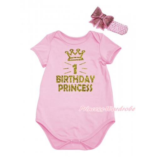 Light Pink Baby Jumpsuit & Sparkle First Birthday Princess Painting & Light Pink Headband Sequins Bow TH777