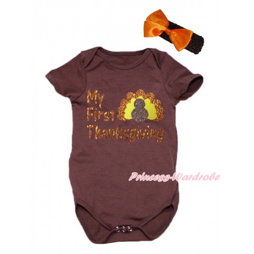 Thanksgiving Brown Baby Jumpsuit & Sparkle My First Thanksgiving Turkey Painting & Black Headband Orange Bow TH778