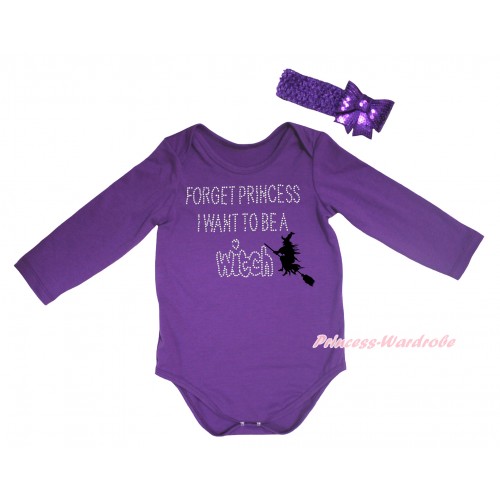 Halloween Dark Purple Baby Jumpsuit & Rhinestone Forget Princess I Want To Be A Witch Print & Dark Purple Headband Sparkle Sequins Bow TH782