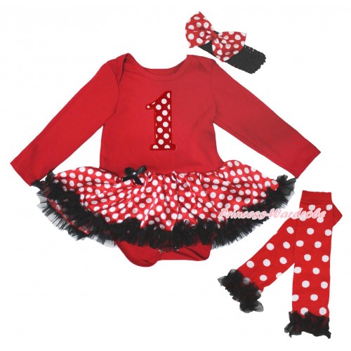 Red Long Sleeve Baby Bodysuit Jumpsuit Minnie Dots Black Pettiskirt & 1st Minnie Dots Birthday Number Print & Warmers Leggings JS5723