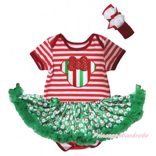 Christmas Red White Striped Baby Bodysuit Kelly Green Santa Claus Pettiskirt & Red White Green Striped Minnie Print JS5727