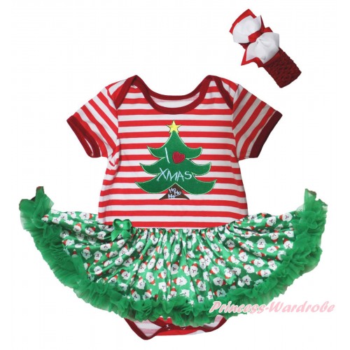 Christmas Red White Striped Baby Bodysuit Kelly Green Santa Claus Pettiskirt & I Love Xmas Tree Print JS5730