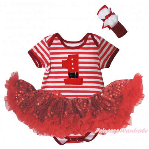 Christmas Red White Striped Baby Bodysuit Red Sequins Pettiskirt & 1st Santa Claus Number Print JS5734