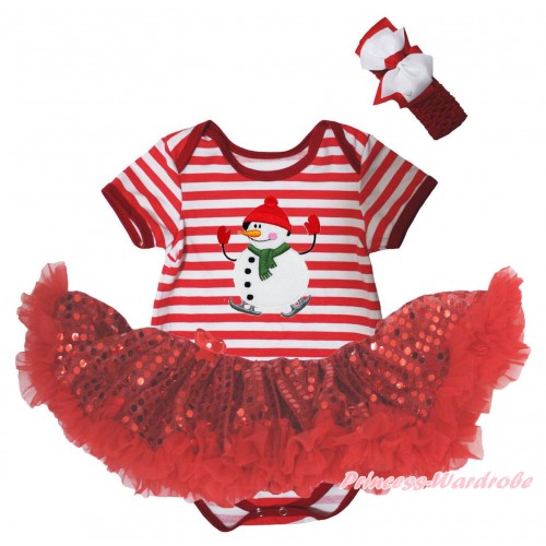 Christmas Red White Striped Baby Bodysuit Red Sequins Pettiskirt & Ice-Skating Snowman Print JS5735
