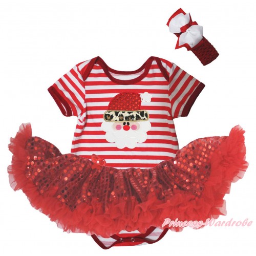 Christmas Red White Striped Baby Bodysuit Red Sequins Pettiskirt & Leopard Santa Claus Print JS5736