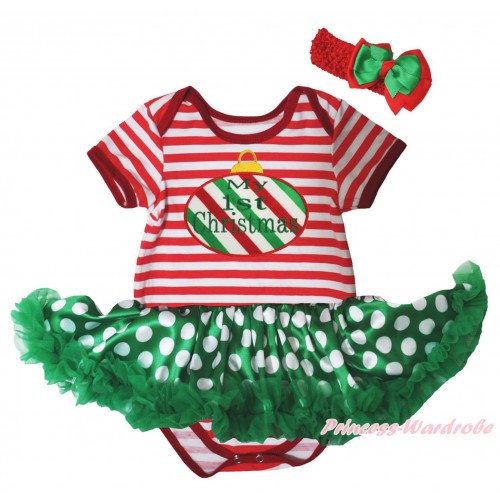 Christmas Red White Striped Baby Bodysuit Kelly Green White Dots Pettiskirt & My First Christmas Print JS5739
