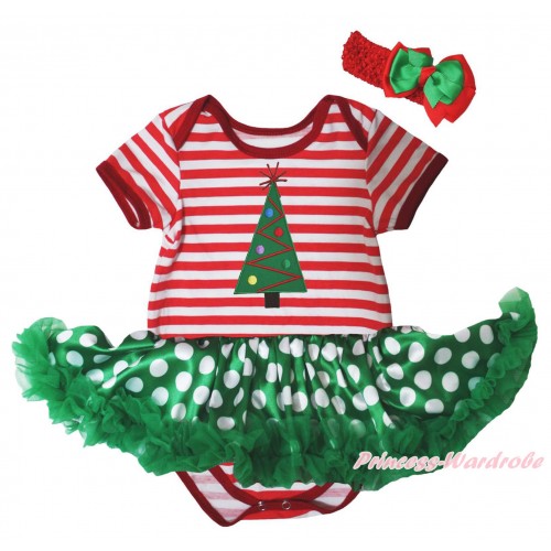 Christmas Red White Striped Baby Bodysuit Kelly Green White Dots Pettiskirt & Christmas Tree Print JS5740
