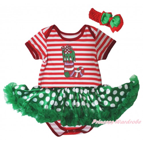 Christmas Red White Striped Baby Bodysuit Kelly Green White Dots Pettiskirt & Christmas Sock Print JS5741