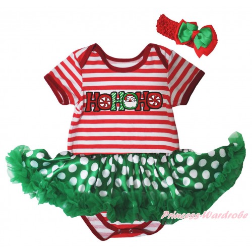 Christmas Red White Striped Baby Bodysuit Kelly Green White Dots Pettiskirt & HOHOHO Santa Claus Print JS5742