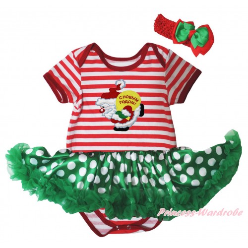 Christmas Red White Striped Baby Bodysuit Kelly Green White Dots Pettiskirt & Santa Claus Print JS5743
