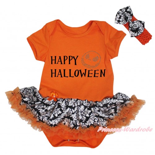 Halloween Orange Baby Bodysuit Orange Damask Pettiskirt & Happy Halloween Painting & Jack Print JS5747