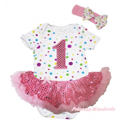 White Rainbow Dots Baby Bodysuit Light Pink Sequins Pettiskirt & 1st Sparkle Birthday Number Print JS5754