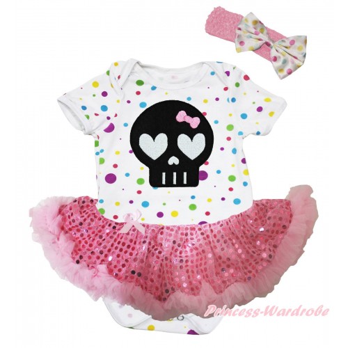 Halloween White Rainbow Dots Baby Bodysuit Light Pink Sequins Pettiskirt & Pink Skeleton Print JS5756