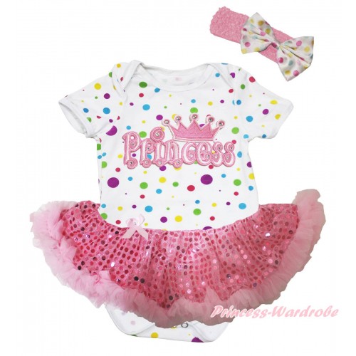 White Rainbow Dots Baby Bodysuit Light Pink Sequins Pettiskirt & Princess Print JS5757