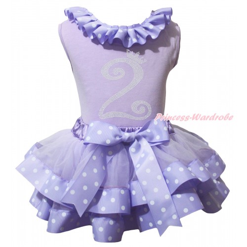 Lavender Pettitop Lavender White Dots Lacing & 2nd Sparkle Rhinestone Birthday Number Print & Lavender White Dots Trimmed Pettiskirt MG2447