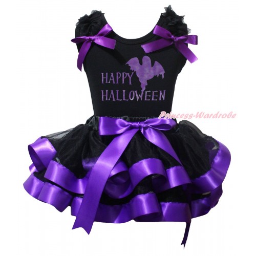 Halloween Black Pettitop Black Ruffles Dark Purple Bow & Happy Halloween Painting & Black Dark Purple Trimmed Pettiskirt MG2453
