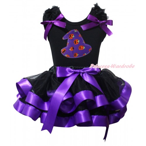 Halloween Black Pettitop Black Ruffles Dark Purple Bow & Halloween Hat Print & Black Dark Purple Trimmed Pettiskirt MG2455
