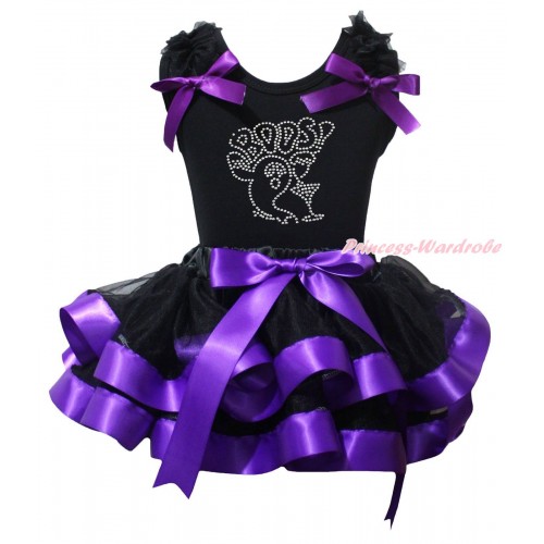 Halloween Black Pettitop Black Ruffles Dark Purple Bow & Sparkle Rhinestone BOOS! Print & Black Dark Purple Trimmed Pettiskirt MG2458