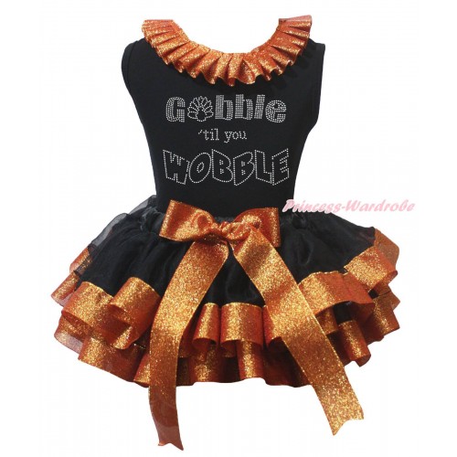 Thanksgiving Black Baby Pettitop Sparkle Brown Lacing & Rhinestone Gobble Till You Wobble Paint & Black Sparkle Brown Trimmed Newborn Pettiskirt NG2228