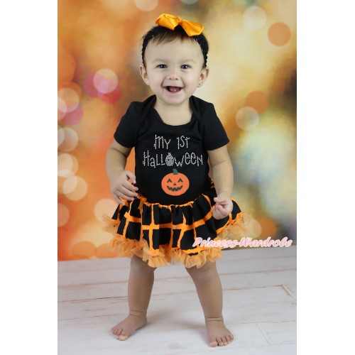 Halloween Black Baby Bodysuit Orange Black Checked Pettiskirt & Rhinestone My 1st Halloween Print & Pumpkin Print JS5866