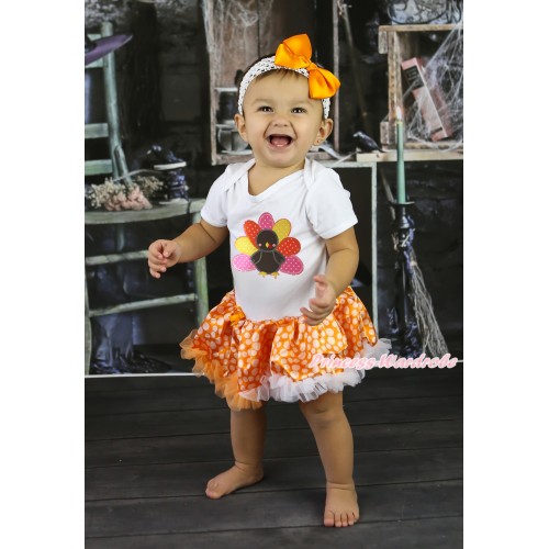 Thanksgiving White Baby Bodysuit Orange White Dots Pettiskirt & Turkey Print JS5869