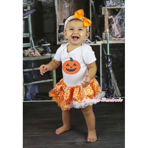 Halloween White Baby Bodysuit Orange White Dots Pettiskirt & Pumpkin Print JS5870