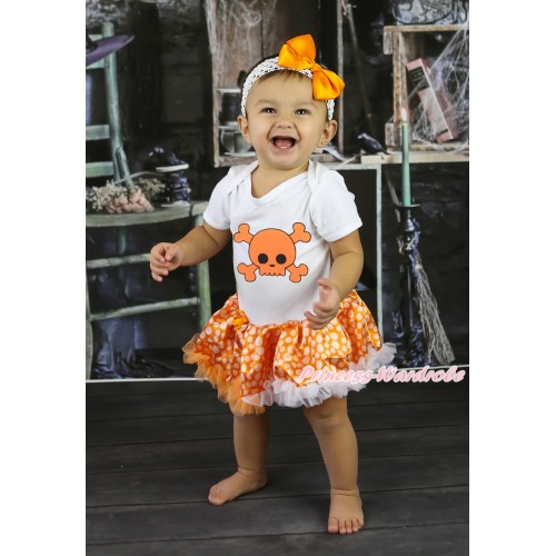 Halloween White Baby Bodysuit Orange White Dots Pettiskirt & Orange Skeleton Print JS5871