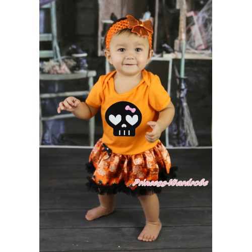 Halloween Orange Baby Bodysuit Orange Black Spider Web Pettiskirt & Black Skeleton Print JS5874