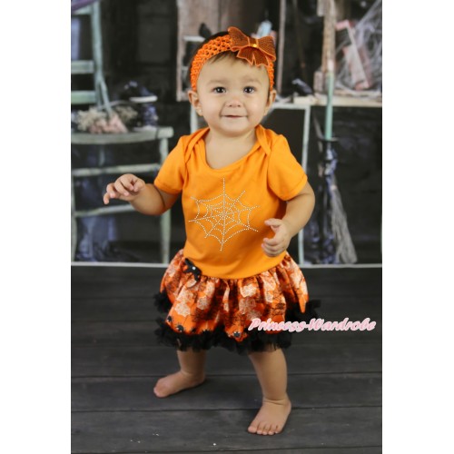 Halloween Orange Baby Bodysuit Orange Black Spider Web Pettiskirt & Sparkle Rhinestone Spider Web Print JS5875