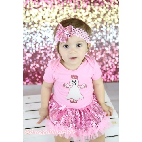 Halloween Light Pink Baby Bodysuit Light Pink Sequins Pettiskirt & Princess Ghost Print JS5877