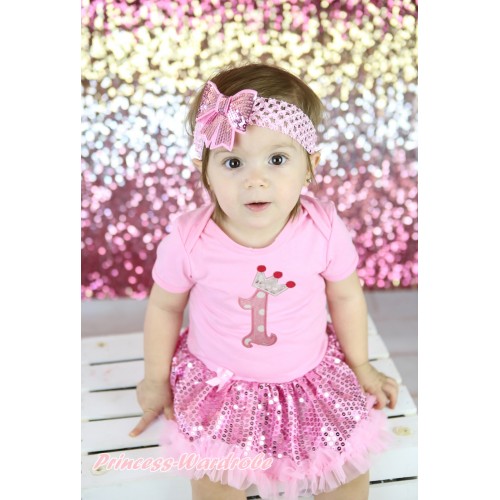 Light Pink Baby Bodysuit Light Pink Sequins Pettiskirt & 1st Pink White Dots Crown Birthday Number Print JS5878