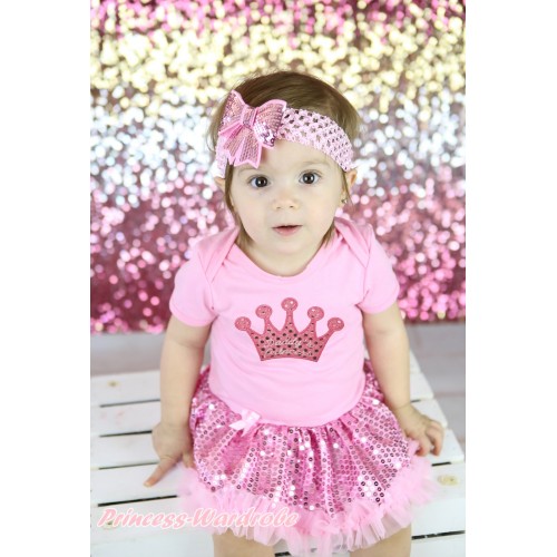 Light Pink Baby Bodysuit Light Pink Sequins Pettiskirt & Crown Print JS5879