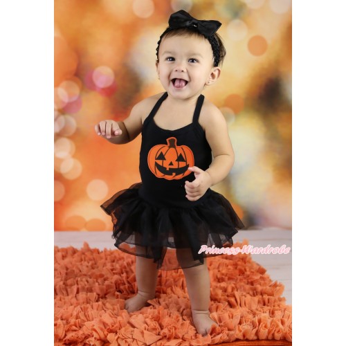 Halloween Black Baby Halter Jumpsuit & Pumpkin Print & Black Pettiskirt JS5887