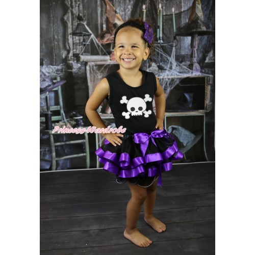 Halloween Black Baby Pettitop & White Skeleton Print & Black Dark Purple Trimmed Newborn Pettiskirt NG2250