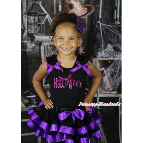 Halloween Black Baby Pettitop Black Ruffles Dark Purple Bow & Sparkle Halloween Painting & Black Dark Purple Trimmed Newborn Pettiskirt NG2256