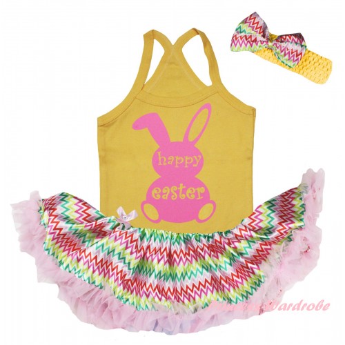 Easter Yellow Baby Halter Jumpsuit & Pink Happy Easter Rabbit Painting & Rainbow Chevron Pettiskirt JS6455