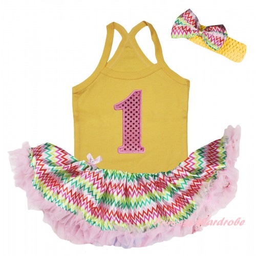 Yellow Baby Halter Jumpsuit & 1st Sparkle Light Pink Birthday Number Print & Rainbow Chevron Pettiskirt JS6457