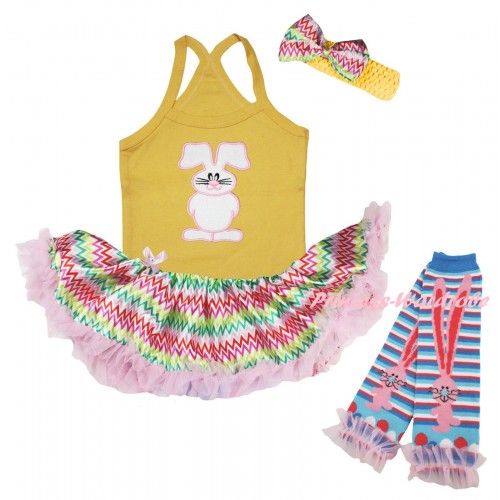 Easter Yellow Baby Halter Jumpsuit & Bunny Rabbit Print & Rainbow Chevron Pettiskirt & Warmers Leggings JS6461
