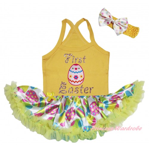 Easter Yellow Baby Halter Jumpsuit & Sparkle Pink First Easter Floral Egg Print & Easter Egg Yellow Pettiskirt JS6464