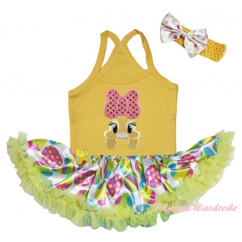 Easter Yellow Baby Halter Jumpsuit & Pink Bow Bunny Rabbit Print & Easter Egg Yellow Pettiskirt JS6467