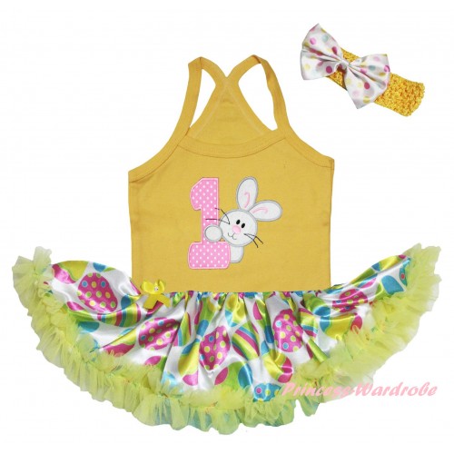 Easter Yellow Baby Halter Jumpsuit & 1st Light Pink White Dots Birthday Number & Easter Egg Yellow Pettiskirt JS6468
