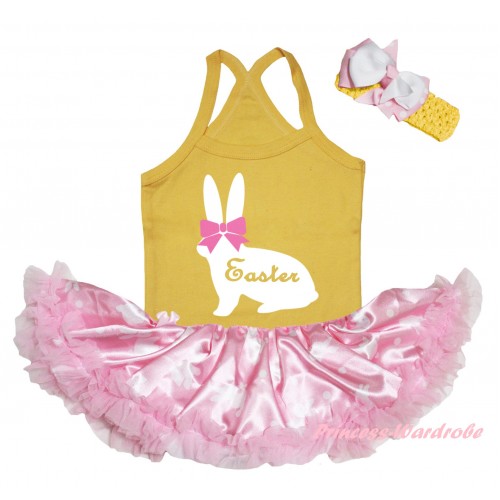 Easter Yellow Baby Halter Jumpsuit & Light Pink Bow White Easter Rabbit Painting & Light Pink Rabbit Pettiskirt JS6472